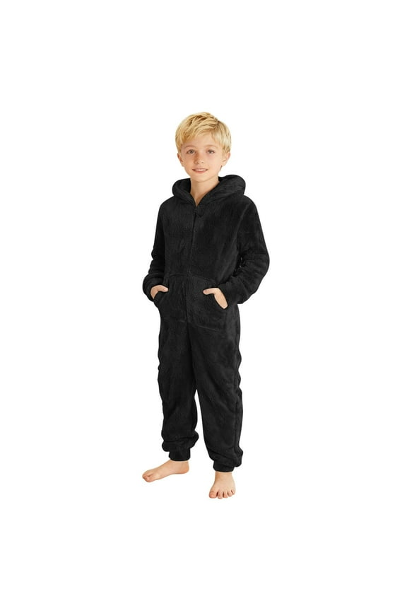 Boys One-piece Pajamas, Fleece Warm Zip up Long Sleeve Winter Sleepwear Black Size 14