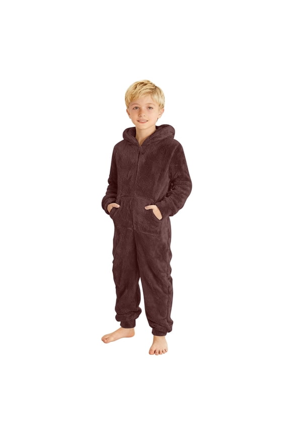 Boys One-piece Pajamas, Zip up Long Sleeve Fleece Warm Winter Sleepwear Brown Size 8
