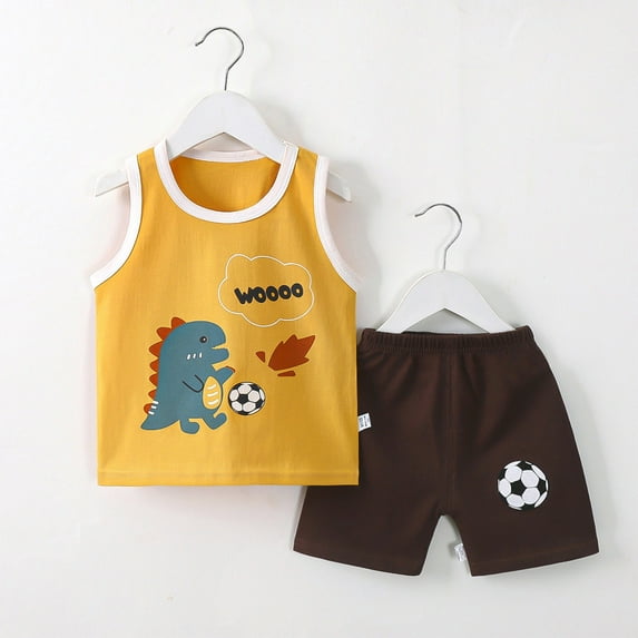 Cethrio Boys Outfit Sets, Cotton Print Summer Shirts and Shorts Sets Yellow Size 8-9 T