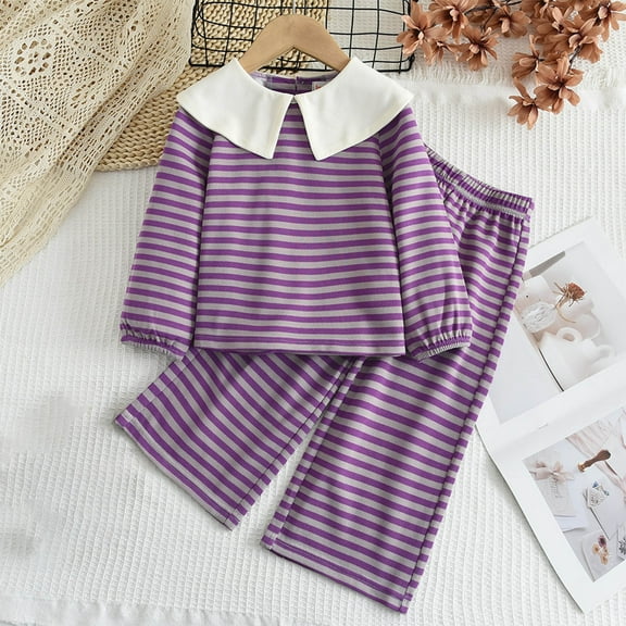 Cethrio Girls Outfit Sets, Striped Long Sleeve 2 Piece Lapel Collar Girls Clothing Set Purple Size 7-8T