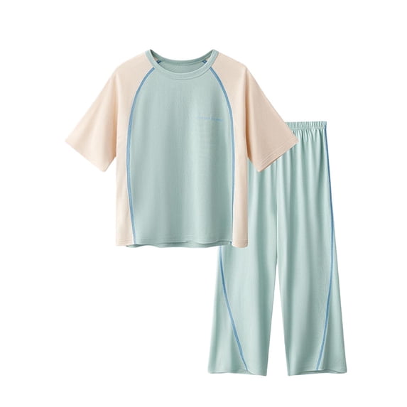 Cethrio Boys' Pajama Sets 2 Piece, Short Sleeve Color Block Casual Kids' Summer Sleepwear Sky Blue Size 8