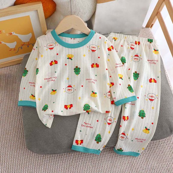 Cethrio Boys Pajama Sets, Cotton Long Sleeve Crew Neck Thin Air-conditioned Clothing Green Size 3-4 T