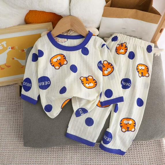 Cethrio Boys Pajama Sets, Long Sleeve Crew Neck Cotton Thin Air-conditioned Clothing Blue Size 6-7 T