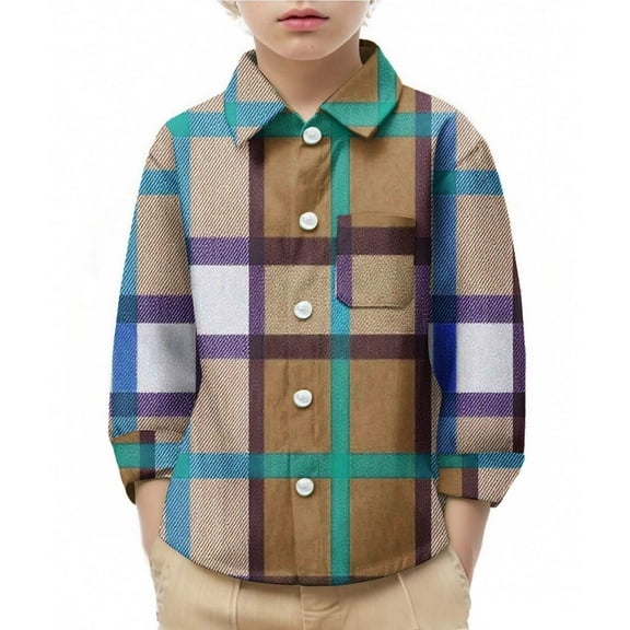 Cethrio Boys Plaid Shirts, 2025 Long Sleeve Casual Collared Button Down Shirts Brown Size 8