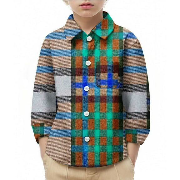 Cethrio Boys Plaid Shirts, Collared Fall Long Sleeve Casual Button Down Shirts Brown Size 8