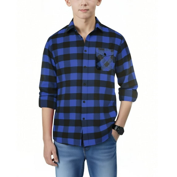 Cethrio Boys Plaid Shirts, Collared Long Sleeve Lightweight School Button Down Shirts Blue Size 8