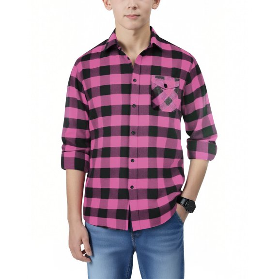 Cethrio Boys Plaid Shirts, Lightweight Collared School Long Sleeve Button Down Shirts Pink Size 8