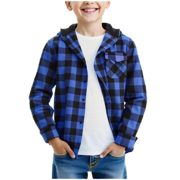 Cethrio Boys Plaid Shirts, Lightweight Long Sleeve Hooded Casual Shirt Jackets Blue Size 14-16