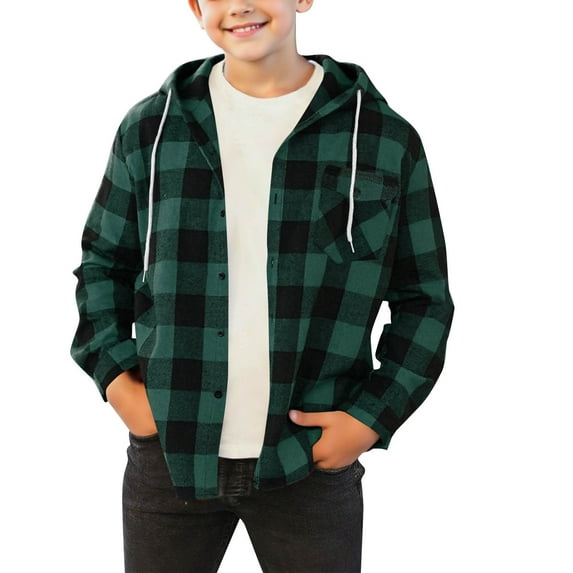 Cethrio Boys Plaid Shirts, Lightweight Long Sleeve Hooded Casual Shirt Jackets Green Size 12-13T