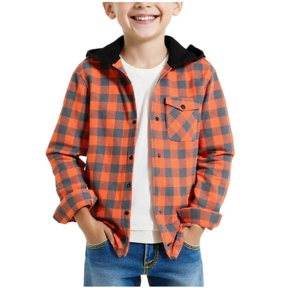 Cethrio Boys Plaid Shirts, Long Sleeve Casual Hooded Lightweight Shirt Jackets Orange Size 14-16