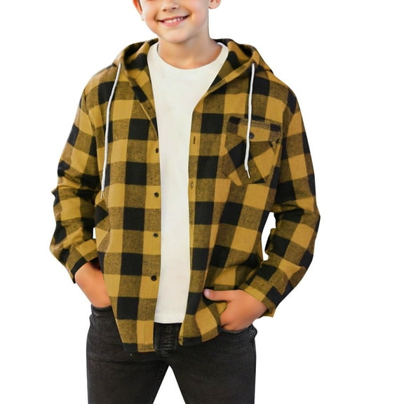 Cethrio Boys Plaid Shirts, Long Sleeve Lightweight Casual Hooded Shirt Jackets Yellow Size 12-13T