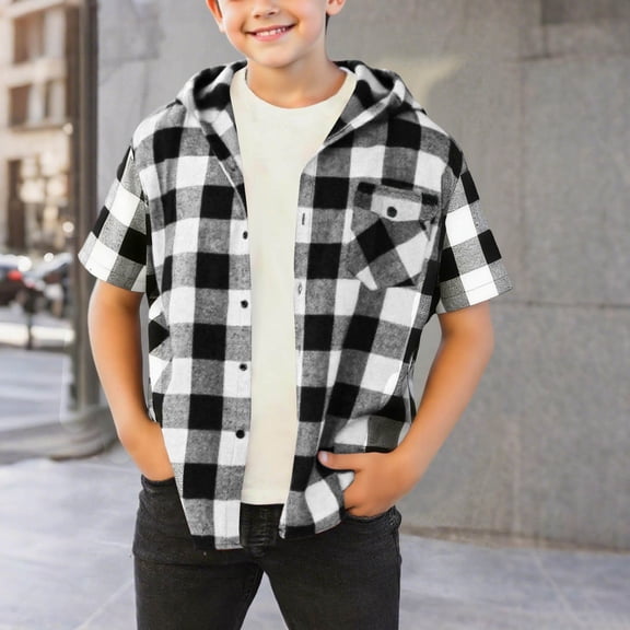 Cethrio Boys Plaid Shirts with Hood, Casual Lightweight Summer Short Sleeve Button Down Shirts Black Size 14-16