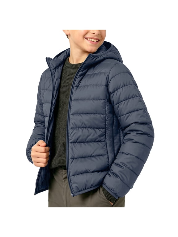 Boys Puffer Jackets, Casual Long Sleeve Zip up Warm Winter Outerwear with Pockets Gray Size 11-12T