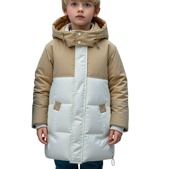 Cethrio Boys Puffer Jackets, Mid-length Zip up Windproof Snow Winter Coats Outerwear Khaki Size 10-12