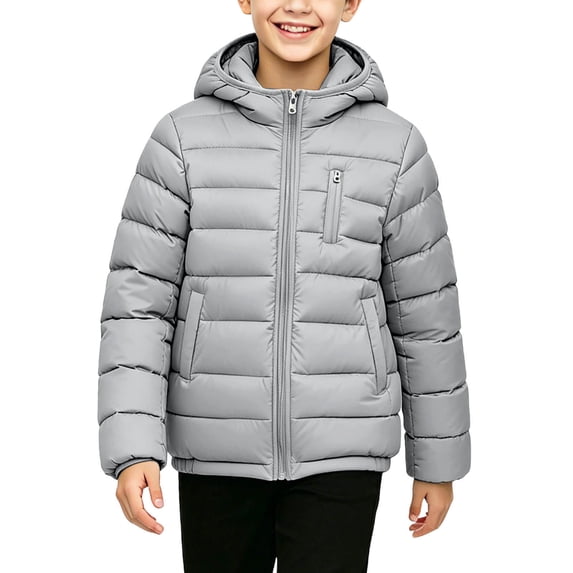 Cethrio Boys Puffer Jackets Size 14-16, Warm Full Zip Long Sleeve Lightweight Winter Outerwear with Pockets Gray