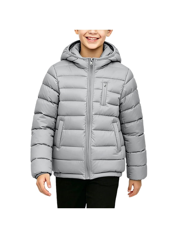 Boys Puffer Jackets Size 14-16, Warm Full Zip Long Sleeve Lightweight Winter Outerwear with Pockets Gray