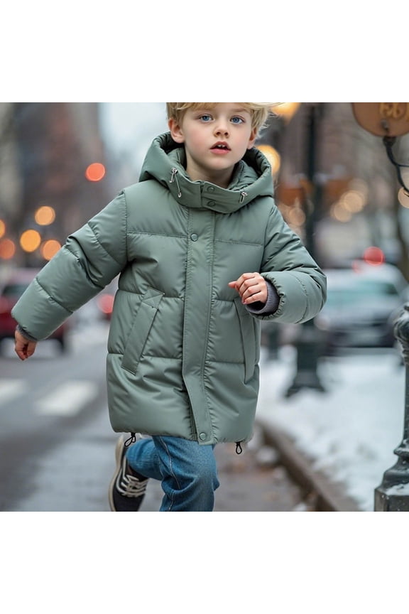 Boys Puffer Jackets, Windproof Full Zip Thickened Mid-length Winter Coats Outerwear Green Size 8
