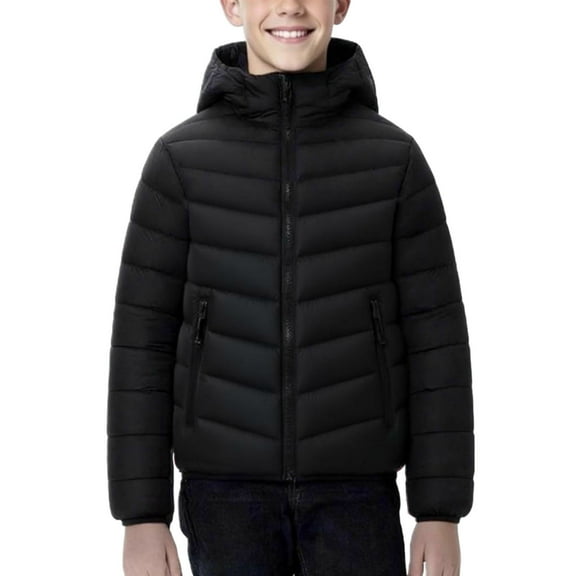 Cethrio Boys Puffer Jackets with Hood, Lightweight Casual Warm Zip up Winter Coats Outerwear Black Size 14-16