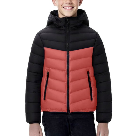 Cethrio Boys Puffer Jackets with Hood, Lightweight Warm Zip up Casual Winter Coats Outerwear Watermelon Red Size 14-16