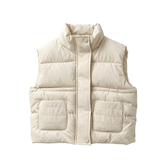 Cethrio Boys Puffer Vests, Sleeveless Lightweight Full Zip Stand Collar Winter Outerwear Vests Beige Size 3-4 T