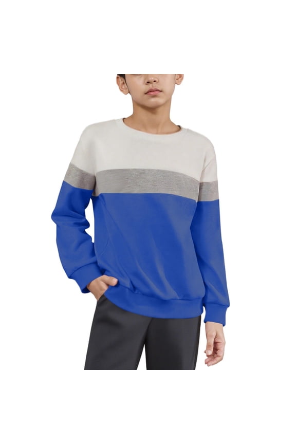 Boys Pullover Sweatshirts, Crew Neck Color Blocking Casual Fall Long Sleeve Tops Blue Size 14