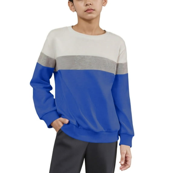 Cethrio Boys Pullover Sweatshirts, Fall Crew Neck Casual Color Blocking Long Sleeve Tops Blue Size 14-16