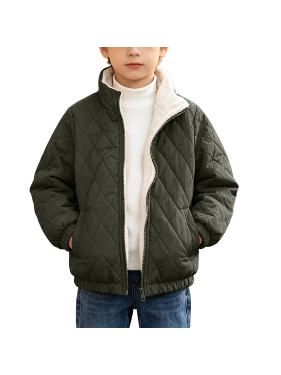Boys Quilted Jacket, Full Zip Fleece Lined Lightweight Warm Winter Outerwear with Pockets Size 10-11 Years Army Green