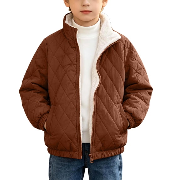 Cethrio Boys Quilted Jacket, Full Zip Warm Fleece Lined Lightweight Winter Outerwear with Pockets Size 10-11 Years Brown