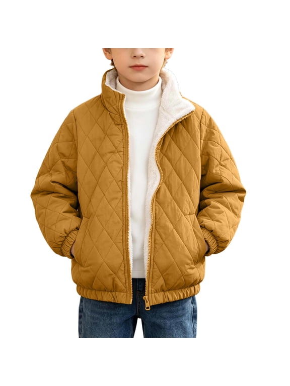 Boys Quilted Jacket, Full Zip Warm Fleece Lined Lightweight Winter Outerwear with Pockets Size 10-12 Yellow