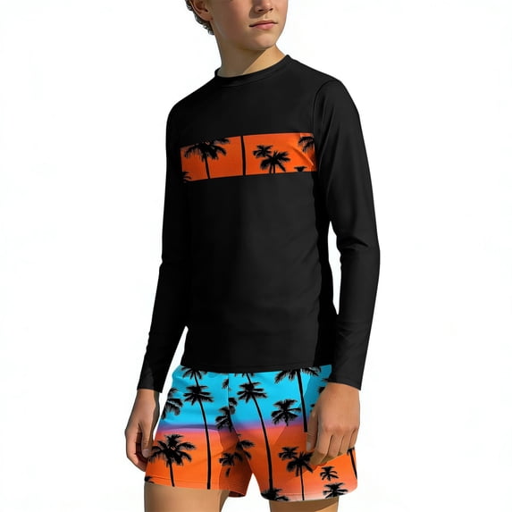 Cethrio Boys' Rash Guard Swimsuits, Surfing Beach 2 Piece Long Sleeve Kids Bathing Suit Orange Size 10