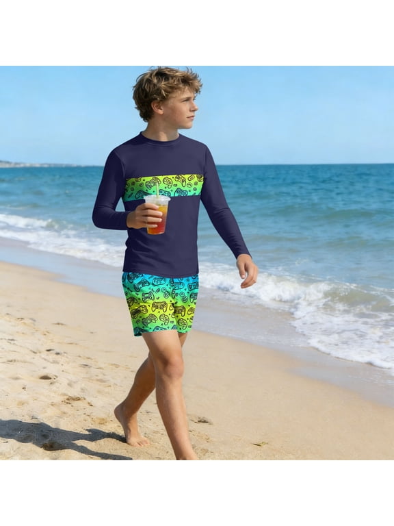 Boys' Rash Guard Swimsuits, Surfing Long Sleeve Summer 2 Piece Kids Bathing Suit Navy Size 10