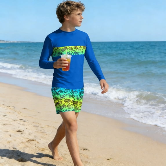 Cethrio Boys' Rash Guard Swimsuits, Surfing Summer Long Sleeve 2 Piece Kids Bathing Suit Blue Size 14
