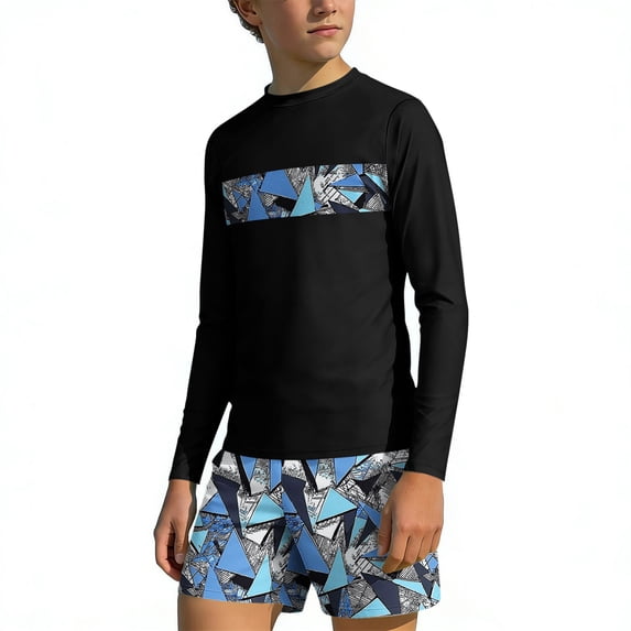 Cethrio Boys' Rash Guard Swimsuits, Vacation Surfing Long Sleeve 2 Piece Kids Bathing Suit Black Size 6