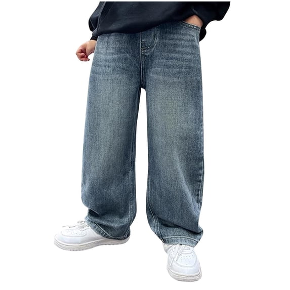 Cethrio Boys Relaxed Jeans, Elastic Waist Straight-leg Stretchy Casual Denim Pants with Pockets Blue Size 6