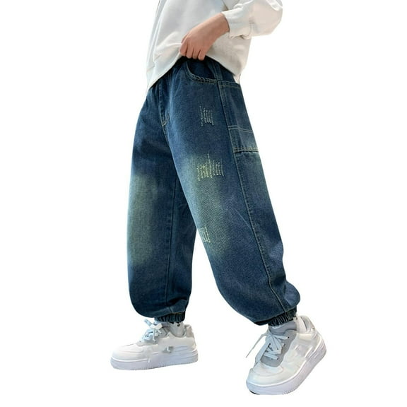 Cethrio Boys Relaxed Jeans, Elastic Waist Straight-leg Stretchy Fashion Denim Pants with Pockets Blue Size 12