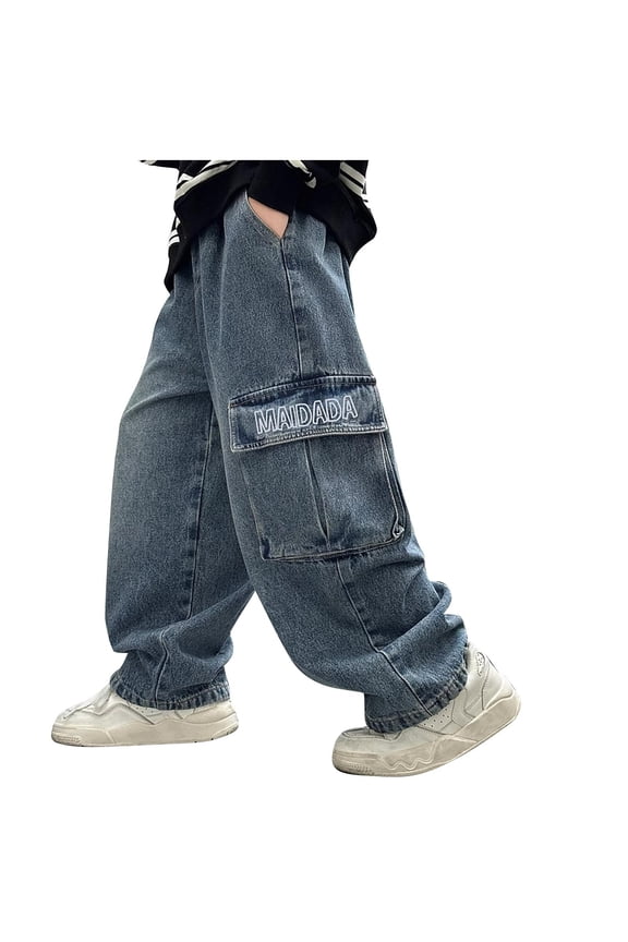 Boys Relaxed Jeans, Straight-leg Open Bottom Stretchy Casual Denim Pants with Pockets Blue Size 10-12