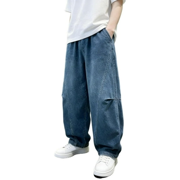Cethrio Boys Relaxed Jeans, Straight-leg School Casual Elastic Waist Denim Pants with Pockets Blue Size 10-12