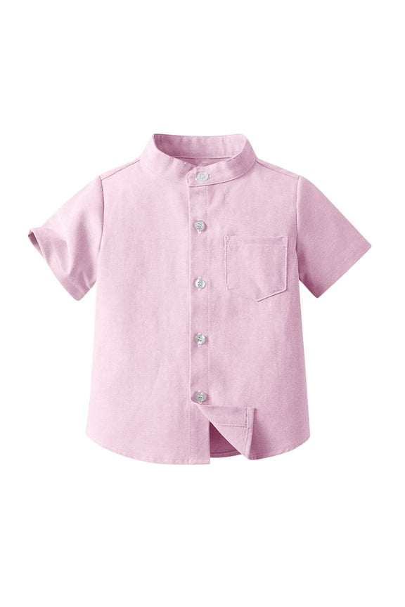 Boys Shirts, Button-up Fashion Stand-up Collar Casual Short Sleeve Boys Blouse Pink Size 5 T