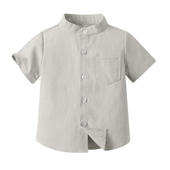 Cethrio Boys Shirts, Stand-up Collar Casual Button-up Fashion Short Sleeve Boys Blouse Gray Size 7 T