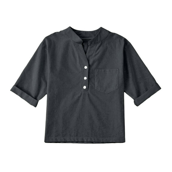 Cethrio Boys Short Sleeve Shirts, Cotton Linen Casual Summer Button Down Shirts Dark Gray Size 7-8T