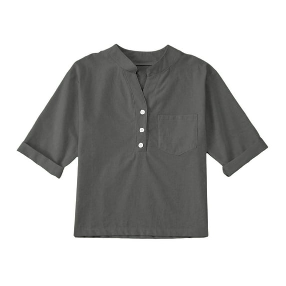 Cethrio Boys Short Sleeve Shirts, Cotton Linen Casual Summer Button Down Shirts Gray Size 7-8T