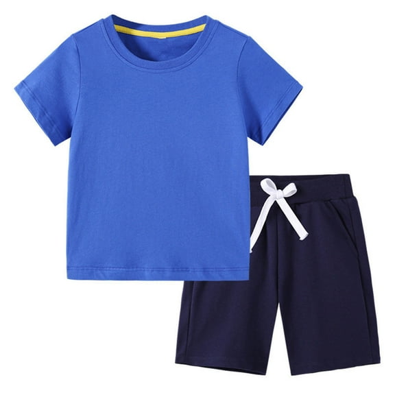 Cethrio Boys' Shorts Sets, Cotton Short Sleeve Summer Casual Outfit Sets Blue Size 10-12 T