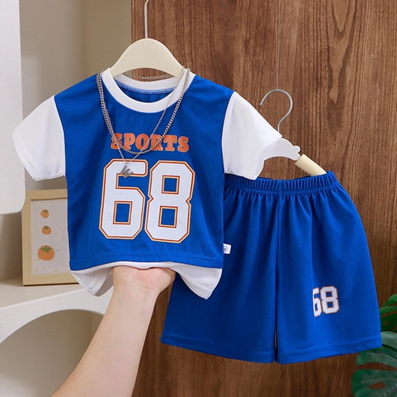 Cethrio Boys' Shorts Sets, Running Summer Short Sleeve 2 Piece Summer Outfit Sets Blue Size 6