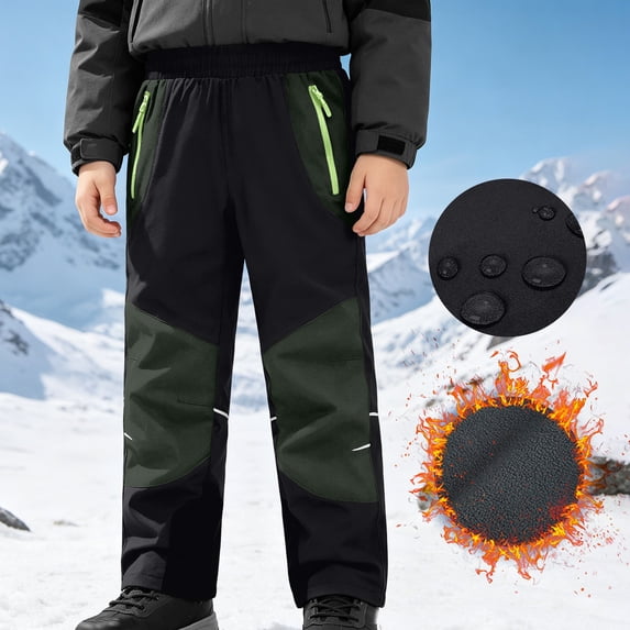 Cethrio Boys Snow Pants, Fleece Lined Warm Waterproof Windproof Winter Outdoor Pants Army Green Size 15-16 T