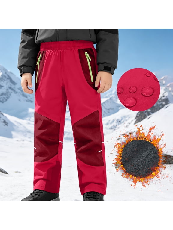 Boys Snow Pants, Fleece Lined Warm Waterproof Windproof Winter Outdoor Pants Red Size 9-10 T