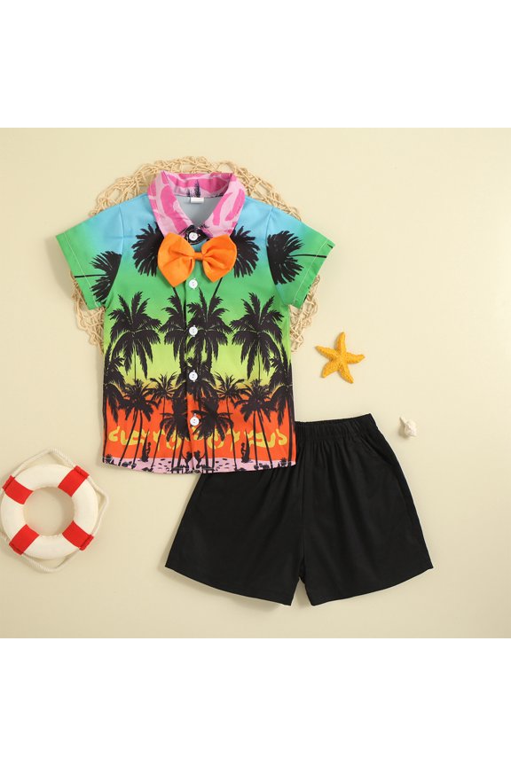 Boys' Summer Beach Style Coconuts Tree Print Short Sleeve Tie Shirt Shorts Set Short Sleeve Tie Gentleman Top Shorts Two Piece Set 1-5 Years Old Green Size 2Y