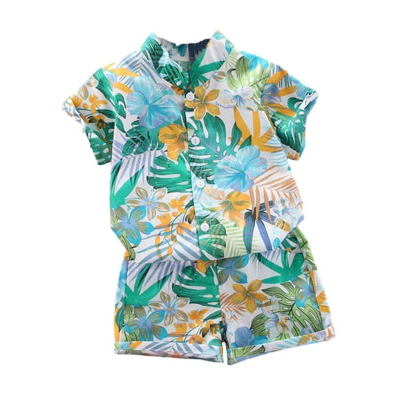 Wavsuf Boys Summer Short-Sleeved Shirt Shorts Set Beach Two-Piece Set 1-5 Years Green Size 2Y