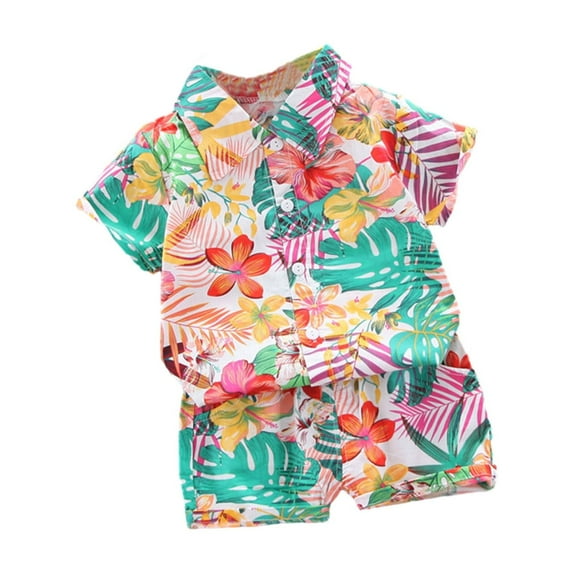 Wavsuf Boys Summer Short-Sleeved Shirt Shorts Set Beach Two-Piece Set 1-5 Years Green Size 3Y