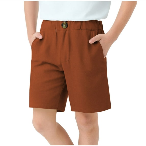 Cethrio Boys Summer Shorts, Casual School Uniform Cotton Linen Shorts with Pockets Brown Size 13-14T