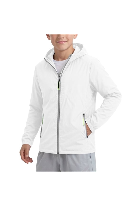 Boys Sun Protection Jackets, Full Zip Lightweight Long Sleeve Summer Kids Rash Guard Outerwear with Hood White Size 4